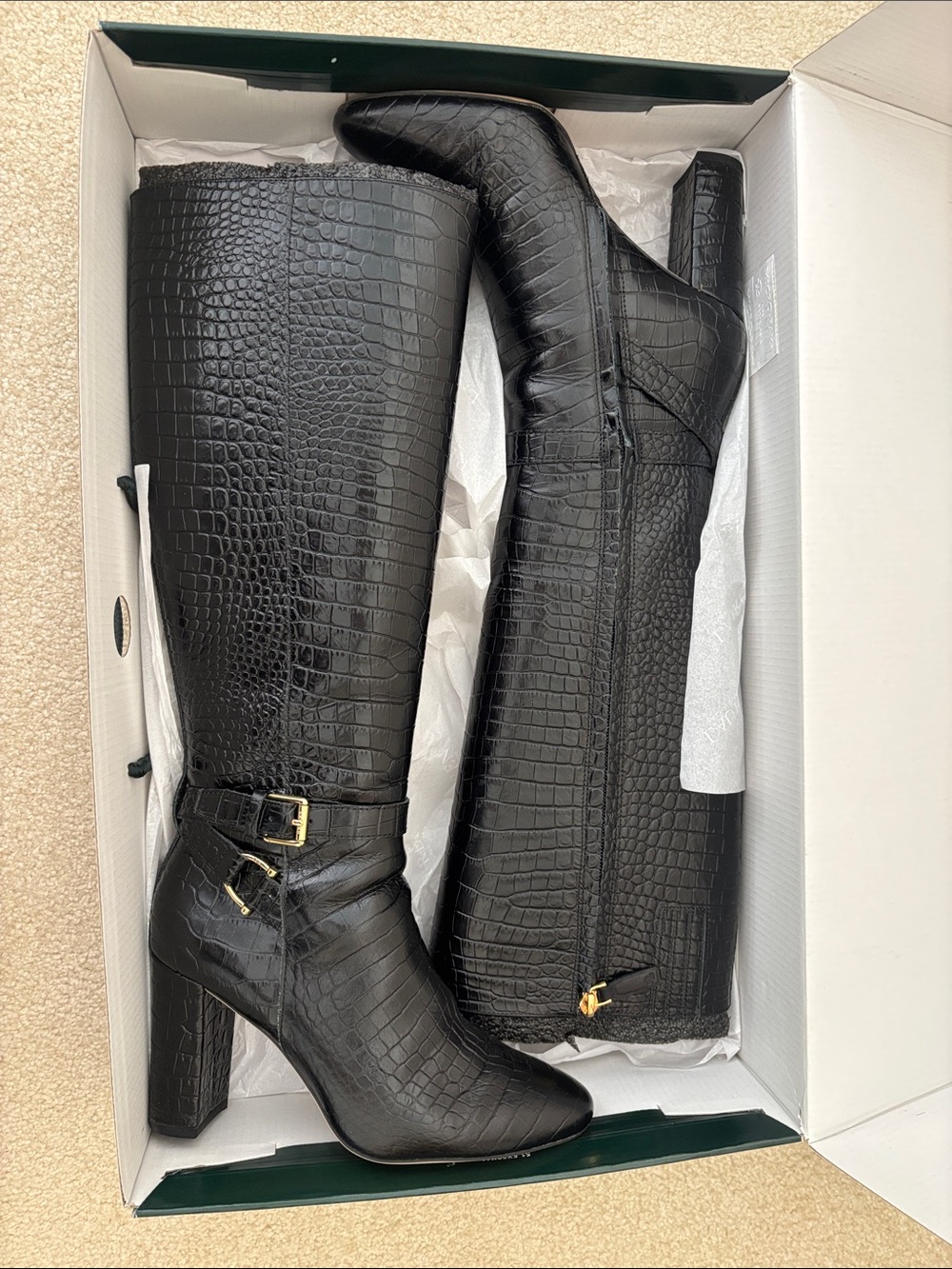 Lauren Ralph Lauren Black Croc-Embossed Knee-High Heeled Boots